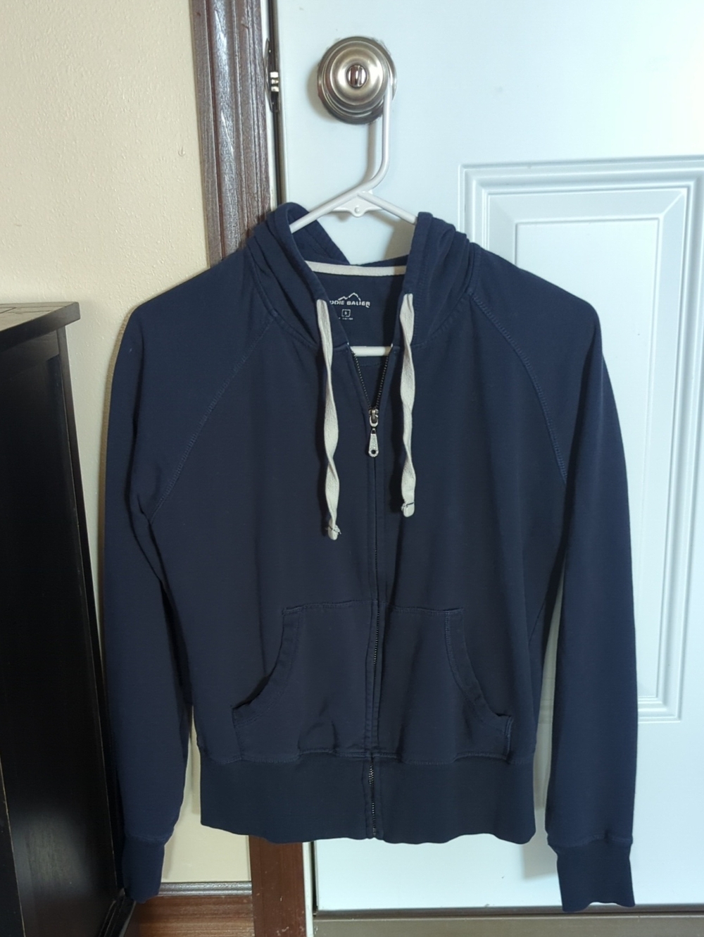 Eddie Bauer Navy Zip Hoodie with Cream Drawcords